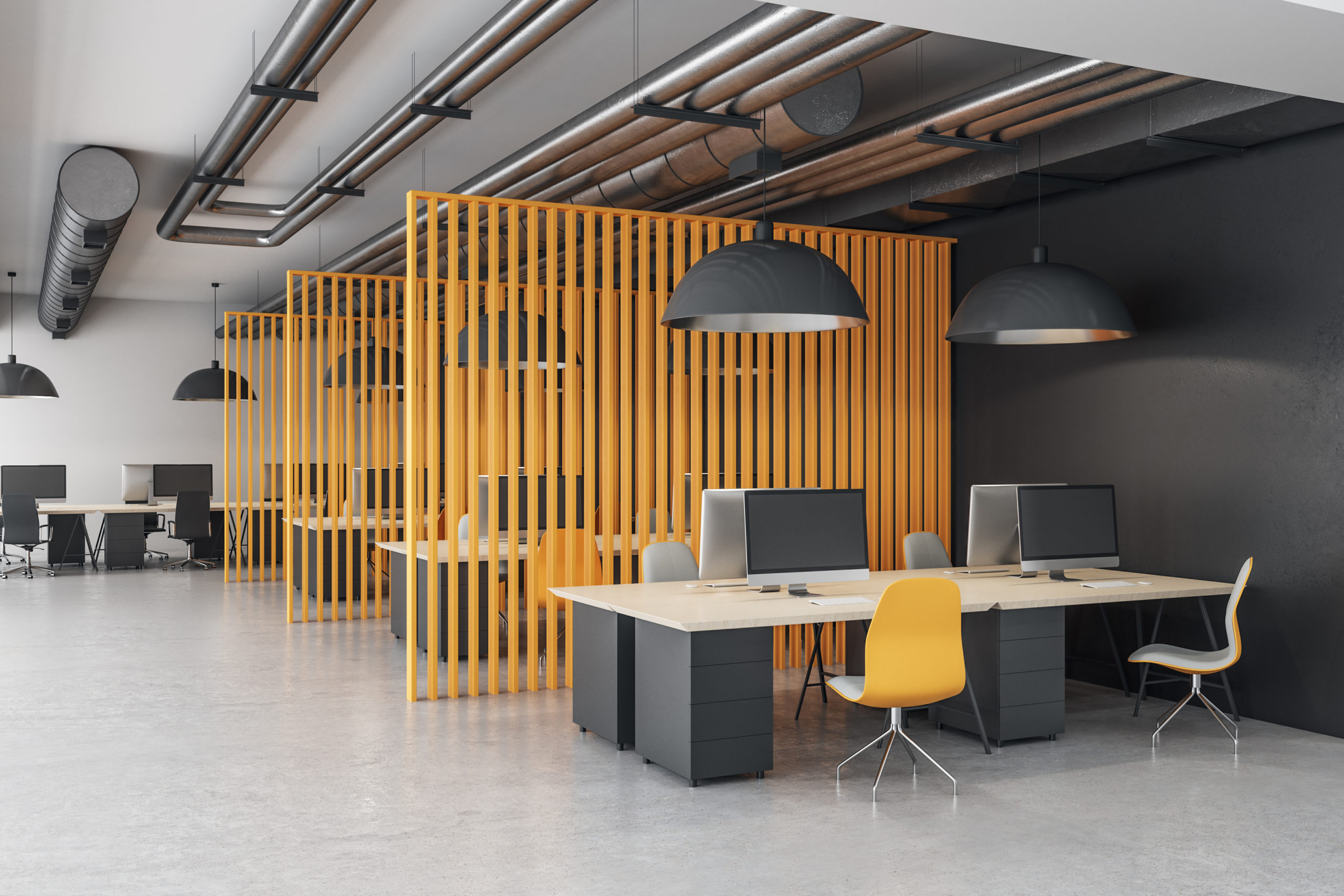 Coworking,Office,Room,With,Computers,And,Yellow,Abstract,Wall.,Workplace